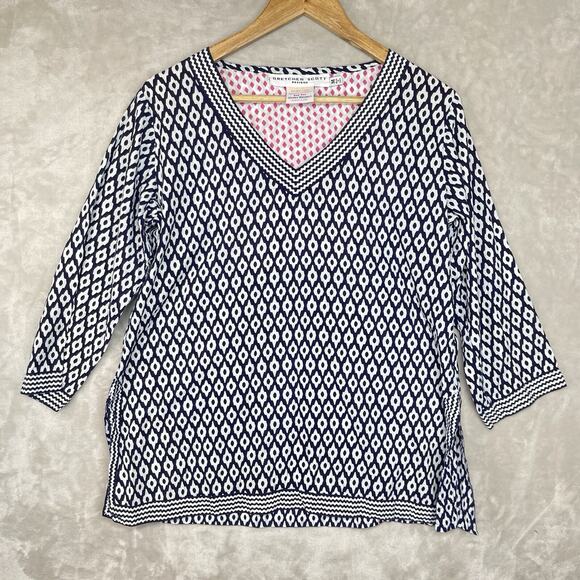 Gretchen Scott Designs Top Women Med Geo Print Split Neck Tunic Boho Art Deco - Picture 1 of 13